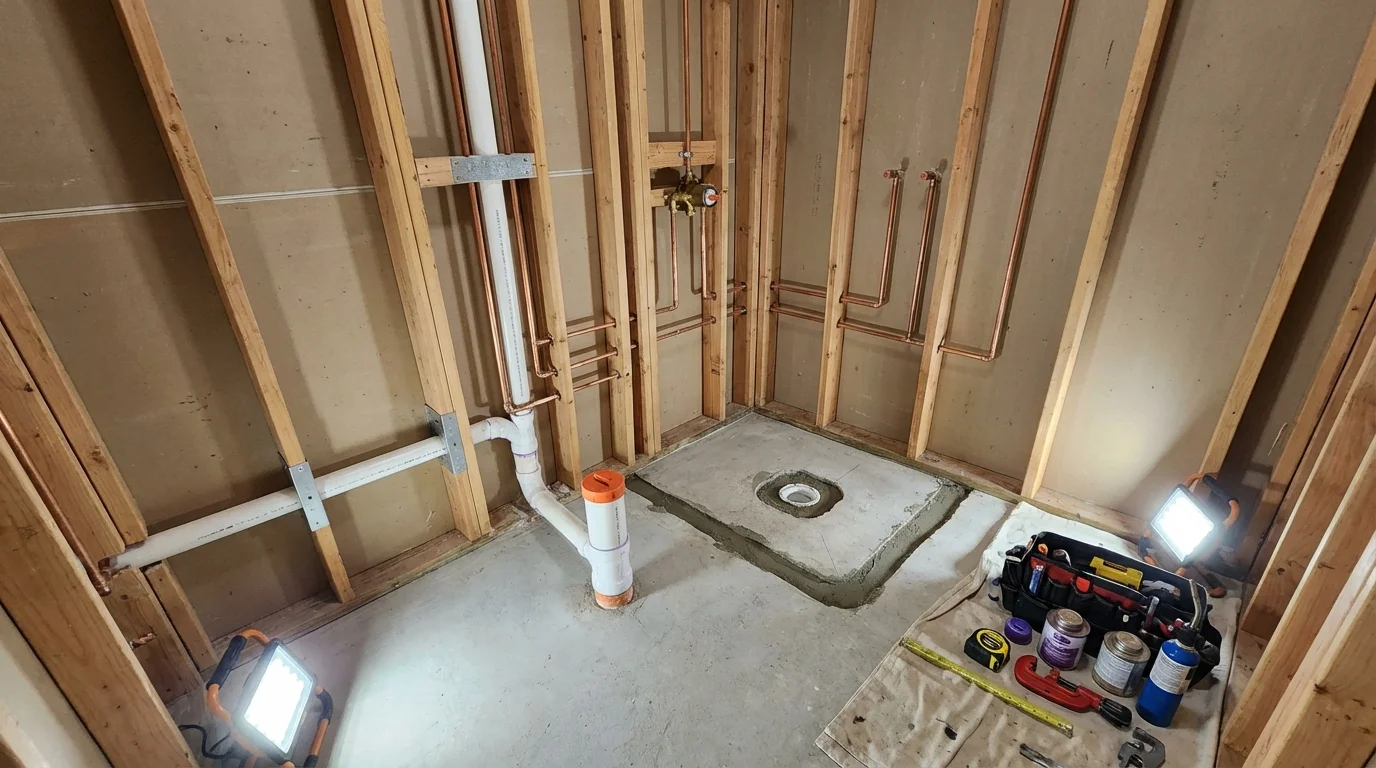 Bathroom rough-in plumbing during remodel by Johns Plumbing LLC in Savannah