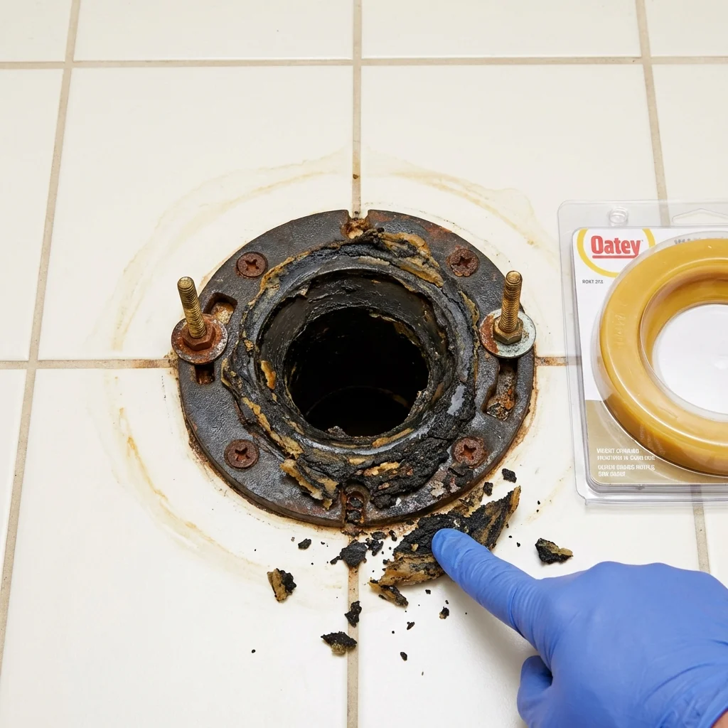 Failed wax ring showing water seepage at the base of a toilet in a Savannah, MO home