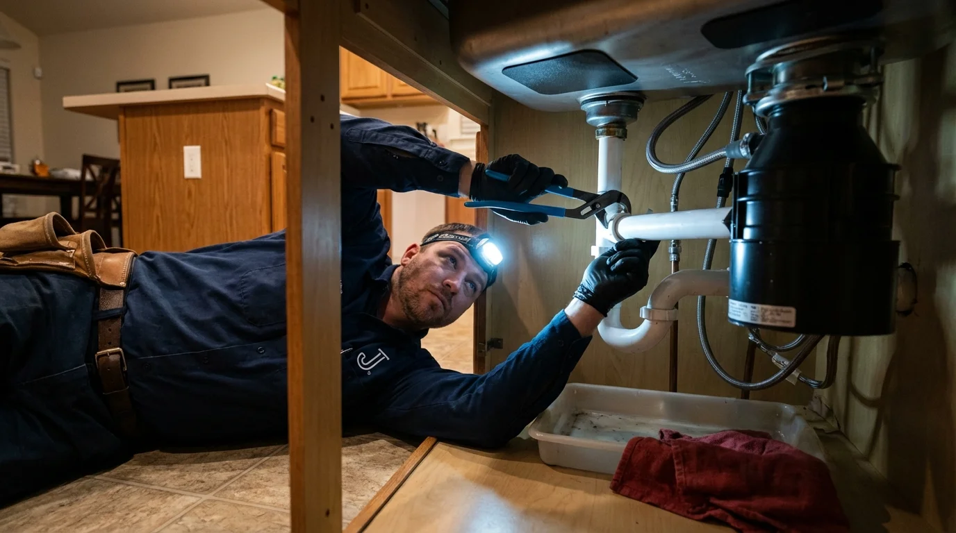 P-trap and supply line connections under a kitchen sink showing a common leak point in Savannah, MO